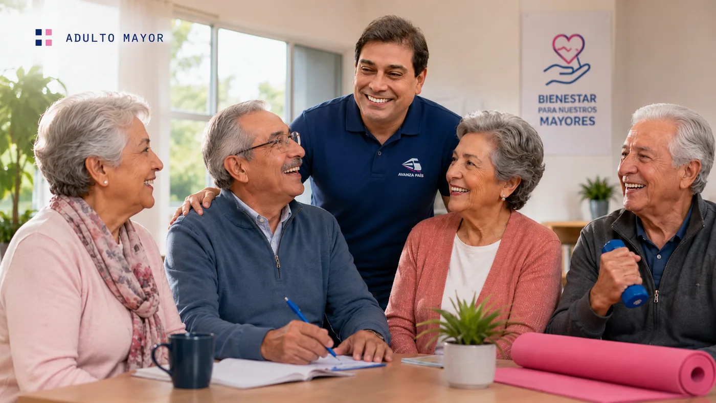 Omar Montoro conversando con un grupo de adultos mayores en un club del vecino